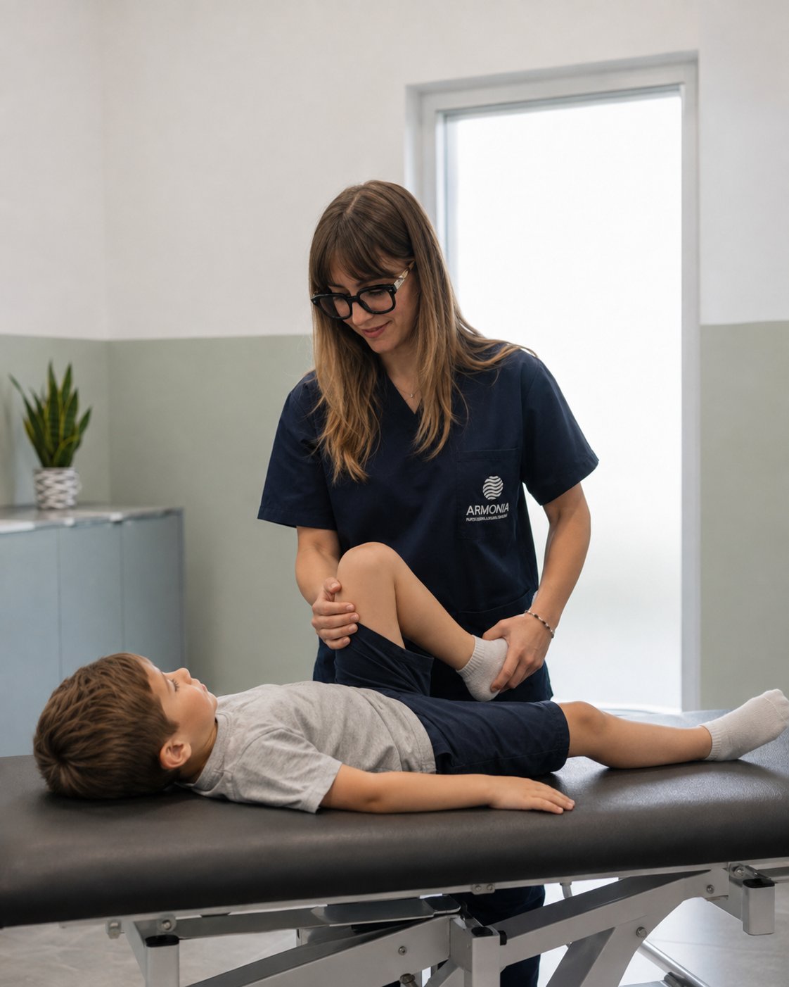 Fisioterapista di ARMONIA mobilizza anca e ginocchio di un bambino disteso sul lettino