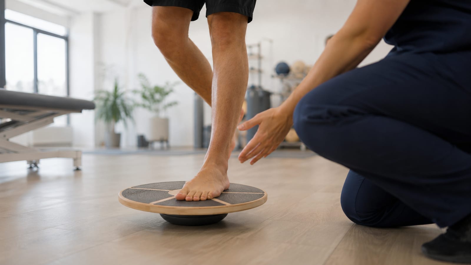 Esercizio di equilibrio su tavoletta propriocettiva