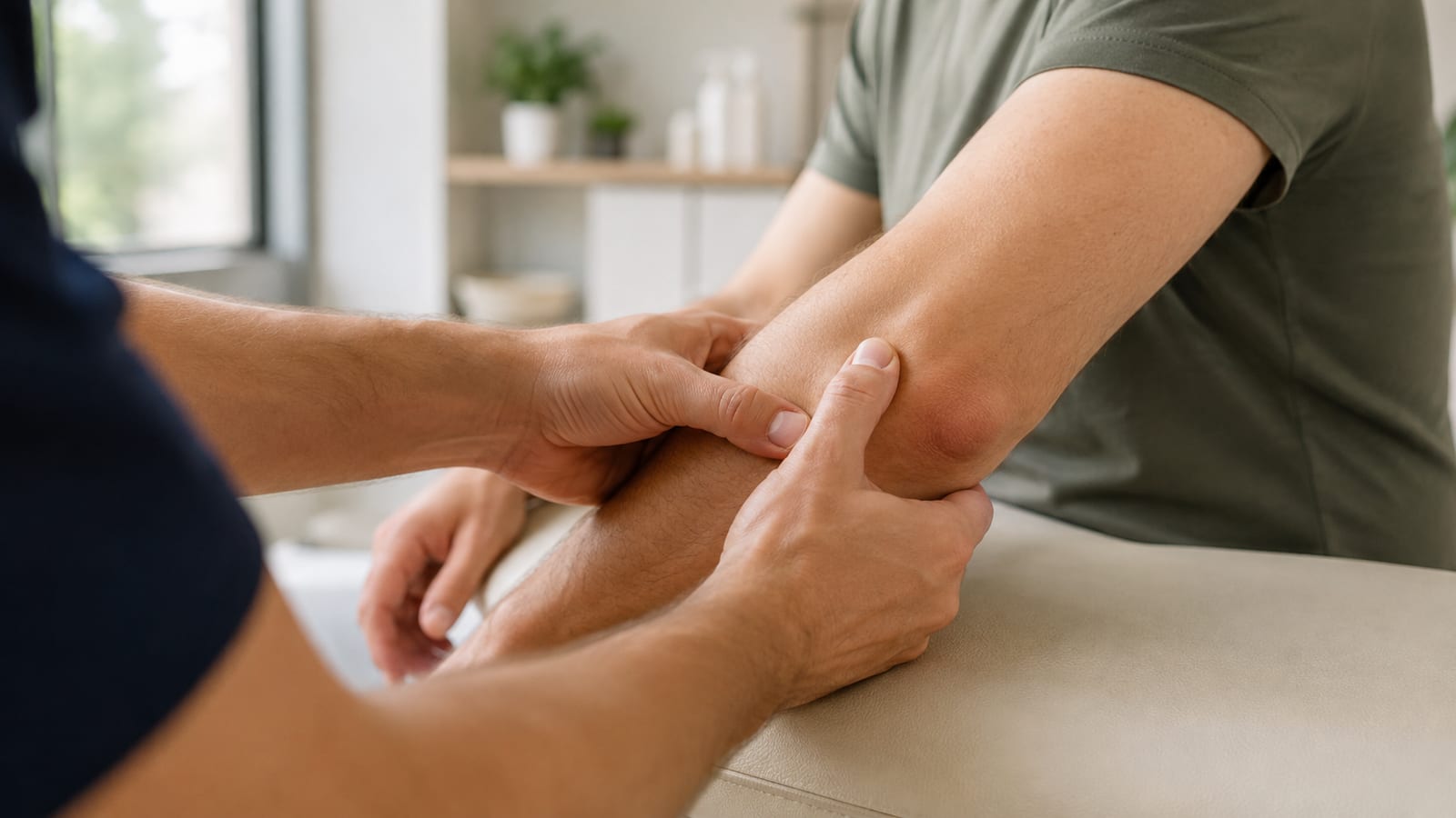 Fisioterapista valuta il gomito di un paziente